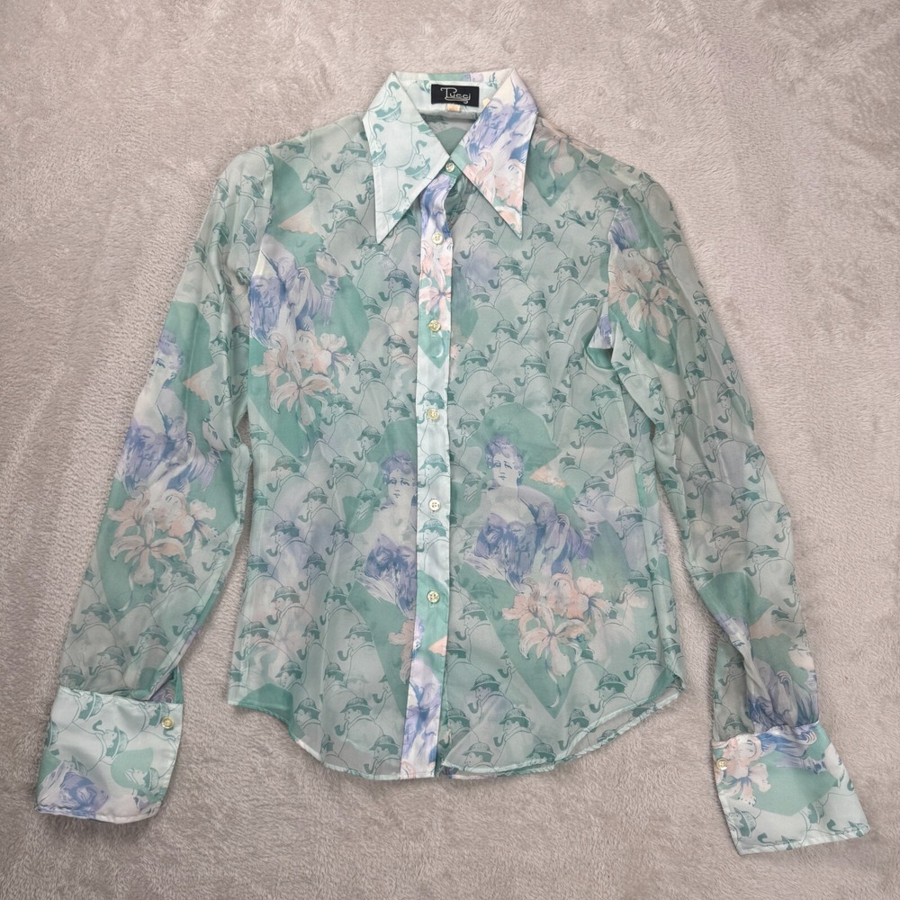 Vintage Tucci 80's Retro Sheer Longsleeve Blouse Womens 7/8 Multi-color Preowned